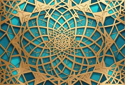 The primary subject of the image is a blue and gold geometric pattern. The setting is a blue background, and the visual style appears to be a combination of digital art and illustration. The colors and mood of the image are predominantly blue and gold, creating a sense of elegance and sophistication.