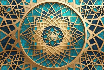 The primary subject of the image is a gold circle with a blue background. The circle is decorated with a pattern of blue and gold, giving it a unique and intricate appearance. The setting appears to be a stained glass design, which adds a sense of depth and artistic flair to the scene. The visual style of the image is a combination of digital art and illustration, creating a captivating and visually appealing piece of art. The colors and mood of the image are predominantly blue and gold, ev
