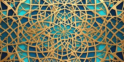 The primary subject of the image is a gold and blue patterned design. The setting is a blue background, and the visual style appears to be a combination of digital art and illustration. The colors in the image are predominantly gold and blue, creating a warm and inviting atmosphere.