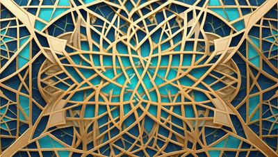 The primary subject of the image is a wooden design with a blue background. The setting appears to be a wall or a piece of artwork. The visual style is a combination of a photo and a digital artwork, creating a unique and intricate pattern. The colors and mood of the image are predominantly blue and gold, giving it a warm and elegant appearance.
