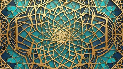 The primary subject of the image is a gold and blue patterned design. The setting is a blue background, and the visual style appears to be a combination of digital art and illustration. The colors in the image are predominantly gold and blue, creating a warm and inviting atmosphere.