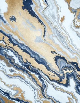 The primary subject of the image is a marble-like pattern with gold and blue colors. The setting is a marble countertop, and the visual style appears to be a combination of a photo and digital art. The dominant colors are gold and blue, creating a luxurious and elegant atmosphere.