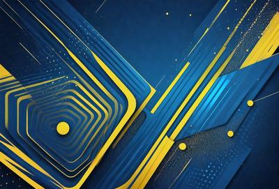 The primary subject of the image is a blue and yellow geometric pattern. The setting is a blue background, and the visual style appears to be a digital art or illustration. The dominant colors are blue and yellow, creating a vibrant and lively atmosphere.