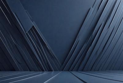 The primary subject of the image is a blue wall with a pattern of triangles. The setting is a room with a blue background, and the visual style appears to be a digital art or illustration. The dominant colors are blue and silver, creating a calm and modern atmosphere.