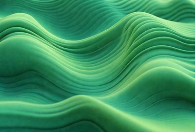The primary subject of the image is a green, wavy surface that resembles a wave or a mountain. The setting is a green background, and the visual style appears to be a digital art or illustration. The colors and mood of the image are predominantly green, creating a calm and serene atmosphere.