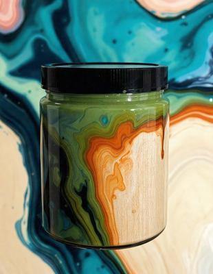 The primary subject of the image is a jar filled with a green substance, possibly a sauce or a cream. The jar is placed on a table, and the background features a colorful and artistic design. The visual style of the image is a combination of photo and digital art, creating a unique and vibrant appearance. The dominant colors in the image are green, blue, and orange, giving the scene a lively and energetic atmosphere.