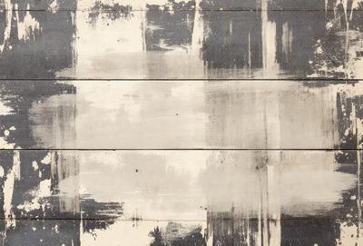 The primary subject of the image is a wooden wall with a white and blue color scheme. The setting is a room with a wooden surface, and the visual style appears to be a combination of a photo and a painting. The dominant colors are white and blue, creating a calm and serene atmosphere.