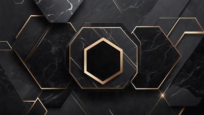 The primary subject of the image is a gold and black geometric pattern. The setting is a black and gold marble surface, which serves as the background. The visual style is a combination of digital art and illustration, creating a unique and eye-catching design. The dominant colors are gold and black, giving the pattern a luxurious and sophisticated appearance.