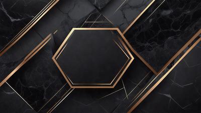 The primary subject of the image is a black and gold geometric pattern. The setting is a black and gold marble-like surface, which serves as the background. The visual style is a combination of digital art and illustration, creating a unique and intricate design. The colors and mood of the image are predominantly black and gold, giving it a sophisticated and elegant appearance.