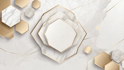 The primary subject of the image is a white circle with a gold border, which is placed on a marble surface. The setting is a white and gold patterned background, giving the image a sophisticated and elegant appearance. The visual style is a combination of digital art and illustration, creating a unique and eye-catching design. The colors and mood of the image are predominantly white and gold, which evoke a sense of luxury and refinement.