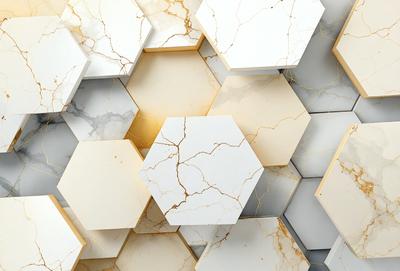 The primary subject of the image is a white marble tile with a gold-colored pattern. The setting is a wall with a pattern of hexagonal tiles. The visual style is a close-up of the marble tile, showcasing its intricate design. The colors and mood of the image are predominantly white and gold, giving it a luxurious and elegant appearance.