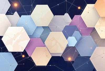 The primary subject of the image is a geometric pattern made up of hexagons. The setting is a blue background, and the visual style appears to be a digital art or illustration. The dominant colors are blue and white, creating a calm and soothing atmosphere.