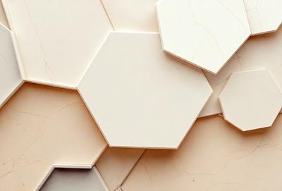 The primary subject of the image is a white hexagonal tile, which is part of a larger pattern. The setting is a wall with a marble texture, and the visual style is a close-up of the tile. The colors and mood of the image are predominantly white, giving it a clean and minimalist appearance.