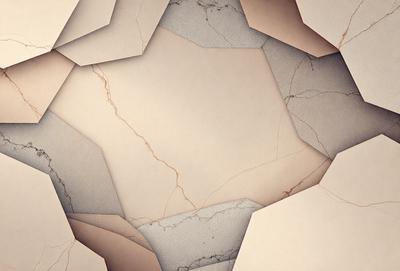 The primary subject of the image is a marble wall with a patterned design. The setting is a room with a marble floor, and the visual style is a combination of photo and digital art. The colors and mood of the image are predominantly neutral, with a focus on the marble's natural texture and patterns.