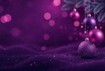 The primary subject of the image is a purple Christmas tree with purple ornaments. The setting is a purple background, which adds to the festive atmosphere. The visual style is a combination of a photo and digital art, creating a unique and eye-catching scene. The colors and mood of the image are predominantly purple, giving it a distinct and festive appearance.