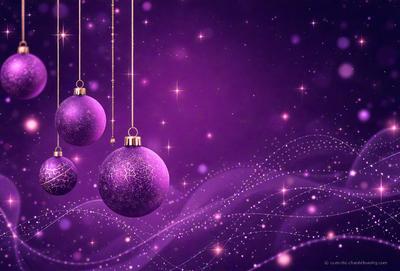 Purple ornaments with gold chains hanging from them.