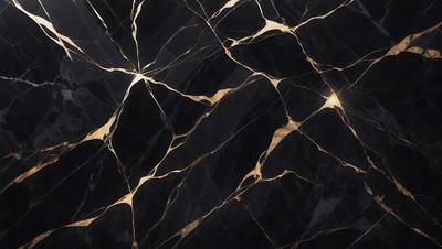 The primary subject of the image is a black marble countertop with a gold pattern. The setting is a kitchen, and the visual style is a close-up of the marble countertop. The dominant colors are black and gold, creating a luxurious and elegant atmosphere.
