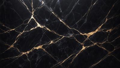 The primary subject of the image is a black marble countertop with a gold-colored pattern. The setting is a kitchen, and the visual style is a close-up of the marble countertop. The dominant colors are black and gold, creating a luxurious and elegant atmosphere.