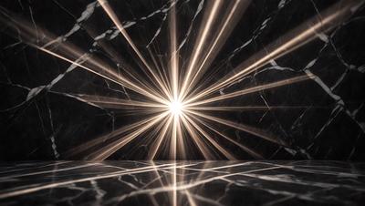 The primary subject of the image is a bright light source, possibly a sun or a light bulb, shining through a marble surface. The setting is a dark room, and the visual style appears to be a combination of a photo and a digital art or illustration. The colors and mood of the image are predominantly dark, with the bright light source creating a contrasting and dramatic effect.