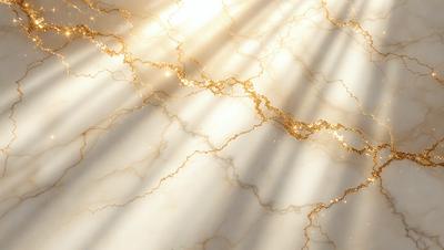 The primary subject of the image is a marble countertop with a gold-like pattern. The setting is a room with a sunlight shining on the countertop, creating a warm and inviting atmosphere. The visual style is a close-up of the marble countertop, showcasing its unique texture and design. The colors and mood of the image are predominantly gold and warm, giving the scene a luxurious and elegant feel.