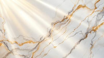 The primary subject of the image is a marble countertop with a gold-colored vein running through it. The setting is a kitchen, and the visual style is a close-up of the marble countertop. The colors and mood of the image are warm and elegant, with the gold vein adding a touch of luxury to the marble surface.