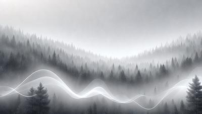 The primary subject of the image is a forest with a misty atmosphere. The setting is a snowy, foggy forest with trees and a sky visible in the background. The visual style is a combination of a photo and digital art, creating a surreal and dreamy effect. The colors and mood are predominantly dark and moody, with the snow and fog adding a sense of mystery to the scene.