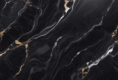 The primary subject of the image is a black and gold marble pattern. The setting is a black and gold marble wall, which serves as the background. The visual style is a close-up of the marble pattern, showcasing its intricate details. The colors and mood of the image are predominantly black and gold, giving it a luxurious and elegant appearance.