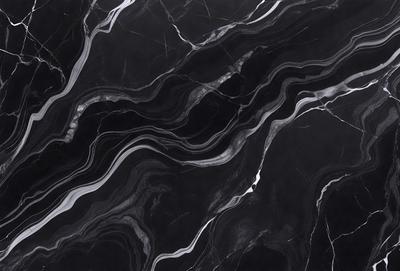 The primary subject of the image is a marble countertop with a black and white pattern. The setting is a kitchen, and the visual style is a close-up of the marble countertop. The colors and mood of the image are predominantly black and white, giving it a classic and elegant appearance.