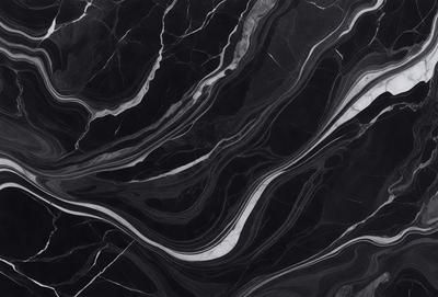 The primary subject of the image is a marble countertop with a black and white pattern. The setting is a kitchen, and the visual style is a close-up of the marble countertop. The colors and mood of the image are predominantly black and white, giving it a classic and elegant appearance.