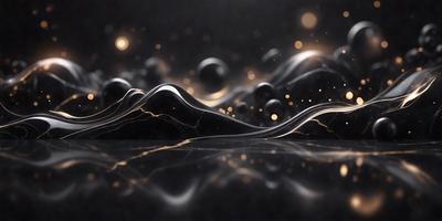 The primary subject of the image is a digital artwork featuring a mountainous landscape with a black background. The setting includes a mountain range with a few bubbles scattered throughout the scene. The visual style is a combination of digital art and illustration, creating a unique and intriguing atmosphere. The colors in the image are predominantly black, with some orange and gold accents, giving the scene a dramatic and captivating appearance.
