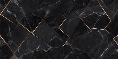 The primary subject of the image is a black and gold marble tile pattern. The setting is a black and gold marble tile wall, which serves as the background. The visual style is a close-up of the marble tile pattern, showcasing the intricate design. The colors and mood of the image are predominantly black and gold, giving it a luxurious and elegant appearance.
