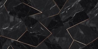 The primary subject of the image is a black and gold marble tile pattern. The setting is a black and gold marble tile floor, which serves as the background. The visual style is a close-up of the marble tile pattern, showcasing the intricate design. The colors and mood of the image are predominantly black and gold, giving it a luxurious and elegant appearance.