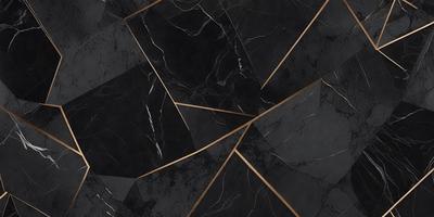 The primary subject of the image is a black and gold marble tile. The setting is a black and gold marble tile floor. The visual style is a close-up of the marble tile. The colors and mood are dark and luxurious, with the gold accents adding a touch of warmth to the overall atmosphere.