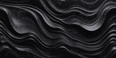 The primary subject of the image is a black marble wall with a pattern of waves. The setting is a dark room, and the visual style is a close-up of the marble wall. The dominant colors are black and grey, creating a moody atmosphere.