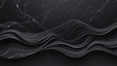 The primary subject of the image is a black and white artistic representation of a wave. The setting is a dark background, which contrasts with the wave's shape. The visual style is a combination of digital art and illustration, creating a unique and striking pattern. The colors and mood of the image are predominantly dark, with the wave's shape being the main focus.