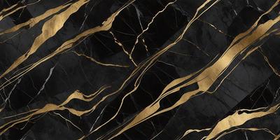 The primary subject of the image is a marble countertop with a gold-colored pattern. The setting is a kitchen, and the visual style is a close-up of the countertop. The dominant colors are black and gold, creating a luxurious and elegant atmosphere.