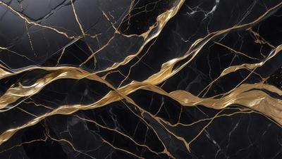 The primary subject of the image is a marble countertop with a gold design. The setting is a kitchen, and the visual style is a close-up of the countertop. The colors and mood of the image are predominantly gold and black, creating a luxurious and elegant atmosphere.