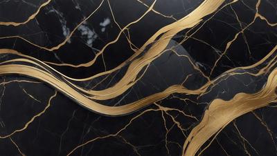 The primary subject of the image is a marble countertop with a gold design. The setting is a kitchen, and the visual style is a close-up of the countertop. The colors and mood of the image are predominantly black and gold, giving it a luxurious and elegant appearance.