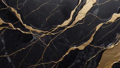 The primary subject of the image is a marble countertop with a gold-colored design. The setting is a kitchen, and the visual style is a close-up of the countertop. The colors and mood of the image are predominantly black and gold, giving it a luxurious and elegant appearance.