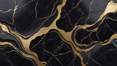 The primary subject of the image is a marble countertop with a gold-colored design. The setting is a kitchen, and the visual style is a close-up of the marble countertop. The colors and mood of the image are predominantly black and gold, giving it a luxurious and elegant appearance.