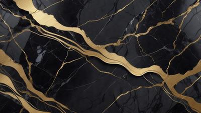 The primary subject of the image is a marble countertop with a gold-colored design. The setting is a kitchen, and the visual style is a close-up of the countertop. The colors and mood of the image are predominantly black and gold, giving it a luxurious and elegant appearance.