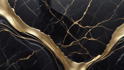 The primary subject of the image is a marble countertop with a gold-colored design. The setting is a kitchen, and the visual style is a combination of photo and digital art. The countertop features a gold-colored design, and the overall atmosphere is elegant and luxurious.