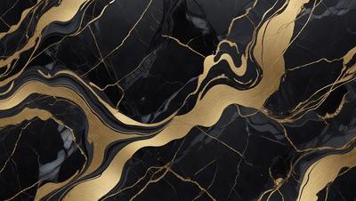 The primary subject of the image is a marble countertop with a gold and black pattern. The setting is a kitchen, and the visual style is a close-up of the countertop. The dominant colors are gold and black, creating a luxurious and elegant atmosphere.