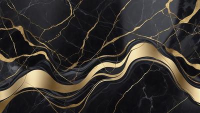 The primary subject of the image is a marble countertop with a gold-colored design. The setting is a kitchen, and the visual style is a close-up of the countertop. The colors and mood of the image are predominantly black and gold, giving it a luxurious and elegant appearance.