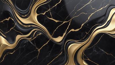 The primary subject of the image is a marble countertop with a gold-colored design. The setting is a kitchen, and the visual style is a close-up of the countertop. The dominant colors are black and gold, creating a luxurious and elegant atmosphere.
