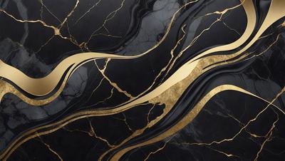 The primary subject of the image is a marble table with a gold and black design. The table is set against a black background, giving it a striking appearance. The visual style of the image is a combination of photo and digital art, creating a unique and eye-catching design. The dominant colors in the image are gold and black, which contribute to the overall mood of luxury and sophistication.