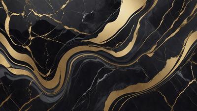 The primary subject of the image is a marble countertop with a gold and black pattern. The setting is a kitchen, and the visual style is a close-up of the countertop. The dominant colors are gold and black, creating a luxurious and elegant atmosphere.
