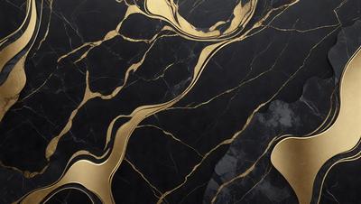 The primary subject of the image is a marble table with a gold design on it. The table is set against a black background, giving it a striking contrast. The visual style of the image is a combination of photo and digital art, creating a unique and eye-catching design. The colors and mood of the image are predominantly black and gold, giving it a luxurious and elegant appearance.