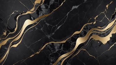 The primary subject of the image is a marble countertop with a gold and black pattern. The setting is a kitchen, and the visual style is a close-up of the countertop. The dominant colors are gold and black, creating a luxurious and elegant atmosphere.