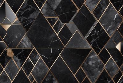 The primary subject of the image is a black and gold marble tile pattern. The setting is a black and gold marble tile wall, which serves as the background. The visual style is a close-up of the marble tile pattern, showcasing the intricate design. The colors and mood of the image are predominantly black and gold, giving it a luxurious and elegant appearance.